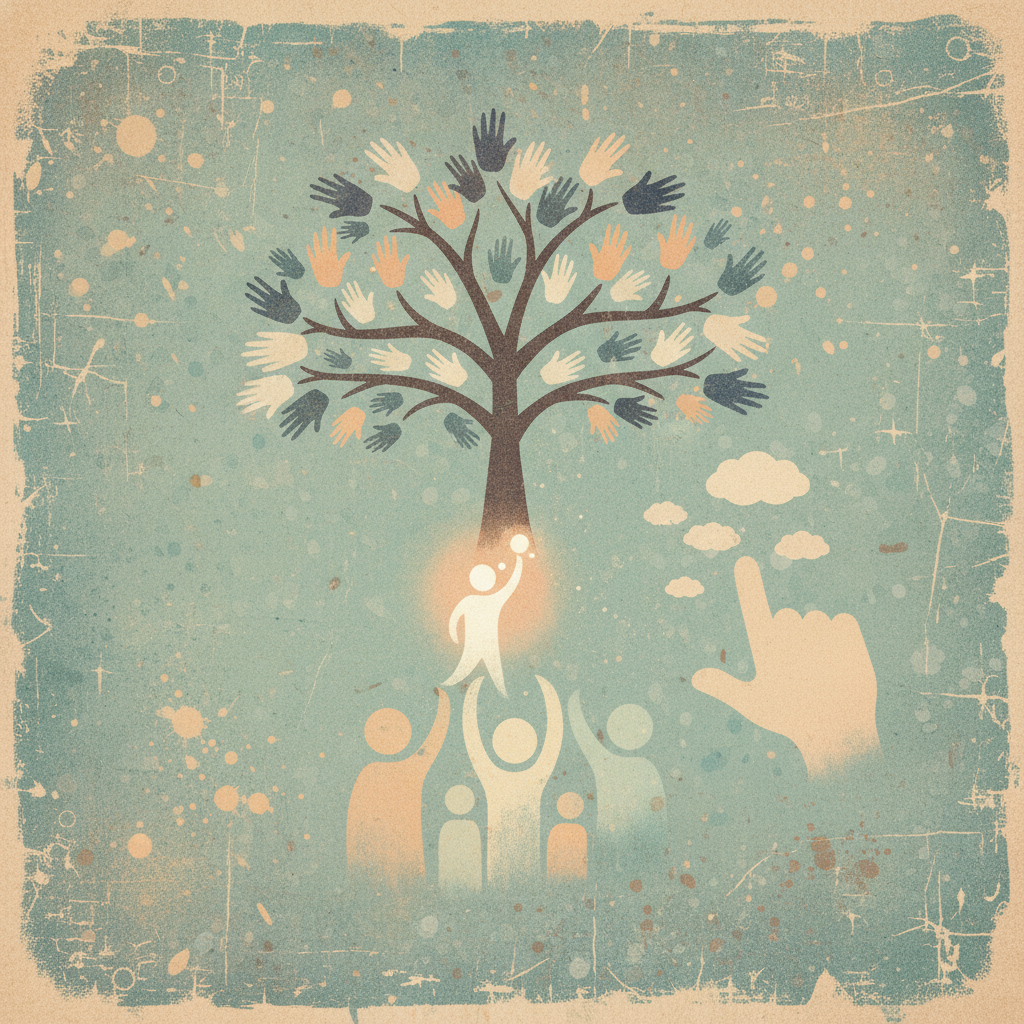 Stylized illustration of a tree with expansive roots and branches forming human silhouettes, symbolizing growth and connection in Art Horn’s article Big and Fat about leadership and vision.