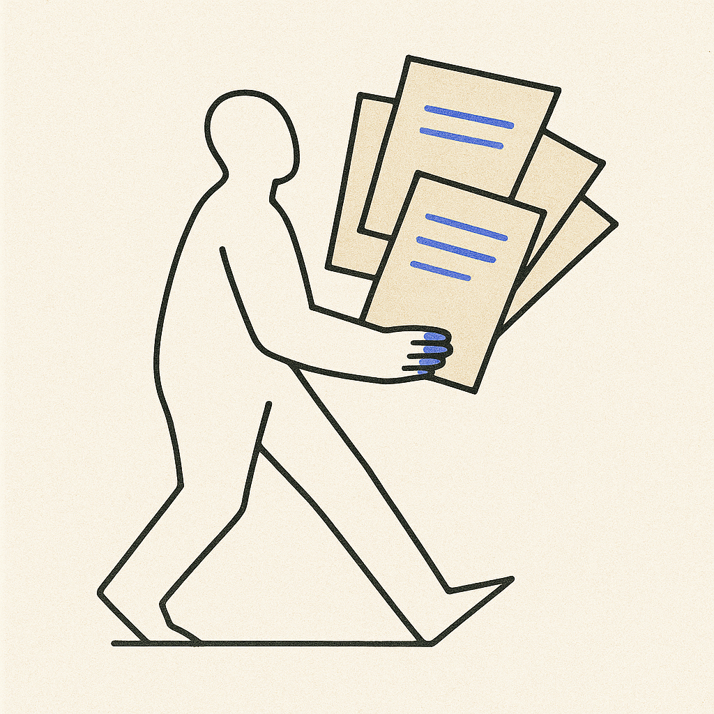 Illustration of a person carrying papers, symbolizing Art Horn’s “Shorts” series—concise reflections on focus, decision-making, and everyday leadership lessons.