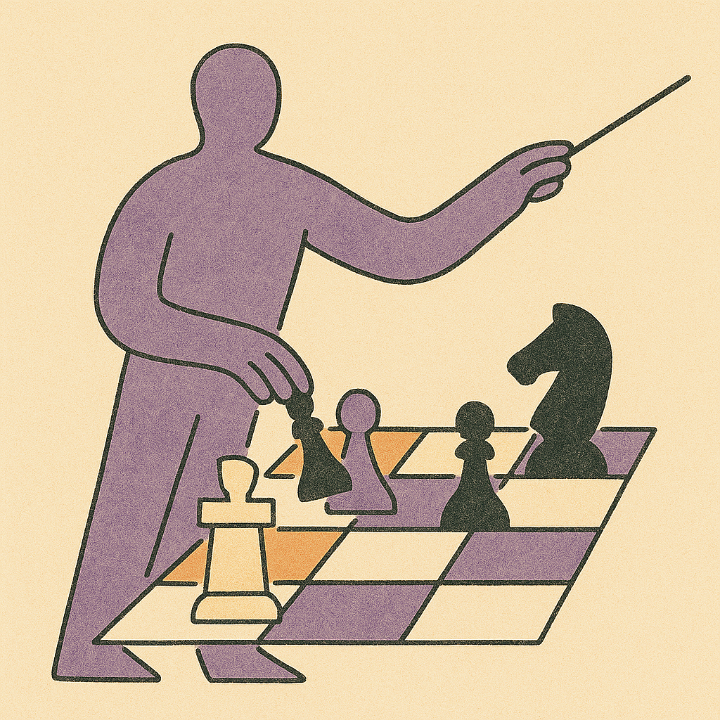 Illustration of a person teaching chess to another, symbolizing clarity, strategy, and communication in Art Horn’s article Explaining So People Understand about the importance of context in effective teaching and communication.