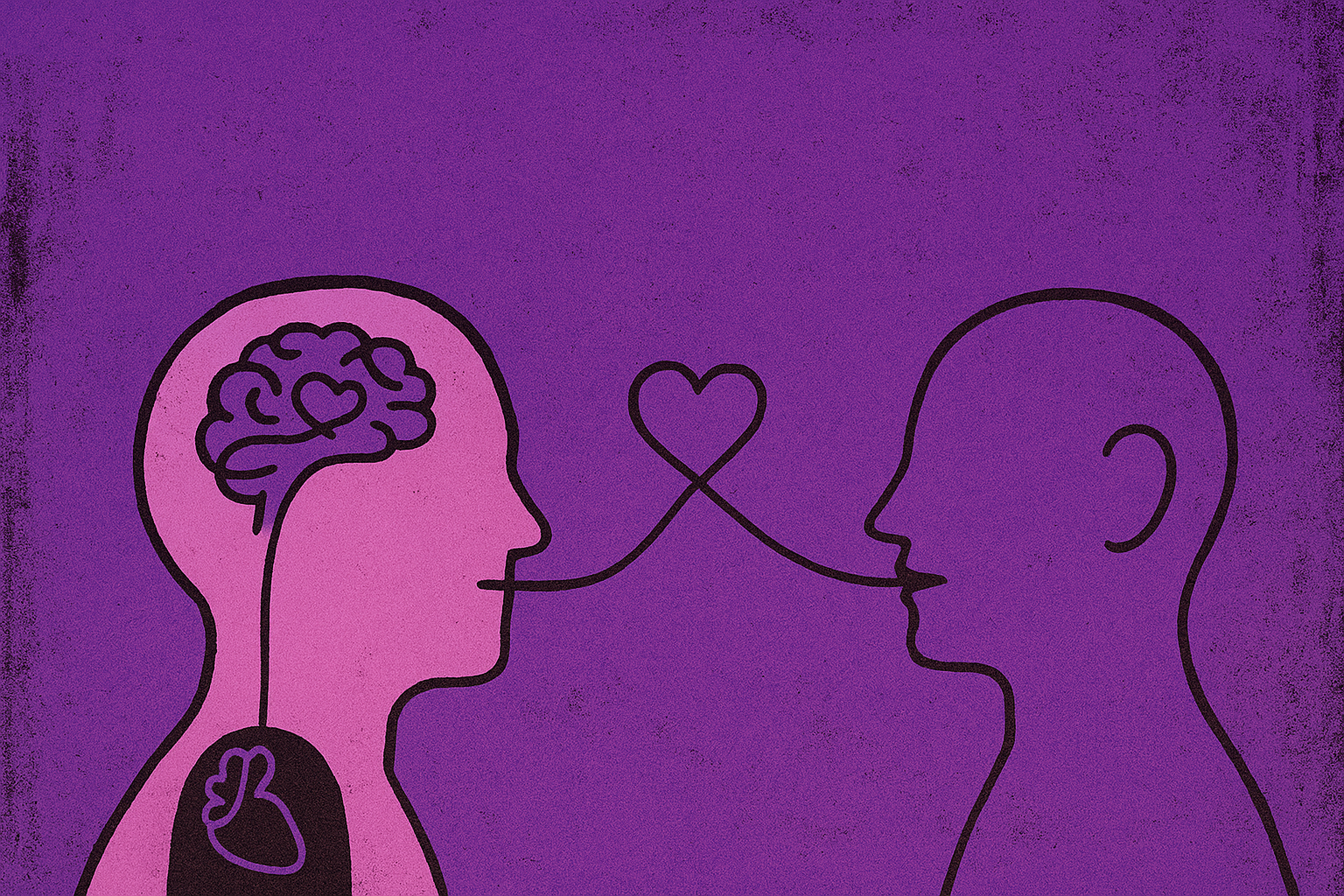 Illustration of two connected faces sharing thoughts through a heart-shaped line, representing Art Horn’s short piece Persuasion about empathy and understanding in communication.
