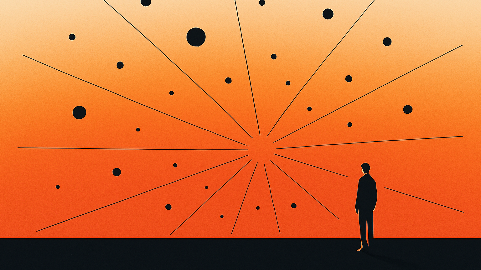 Abstract orange image with a silhouette under radiating lines, illustrating Art Horn’s reflection When God Created the Universe, a meditation on purpose and creation.