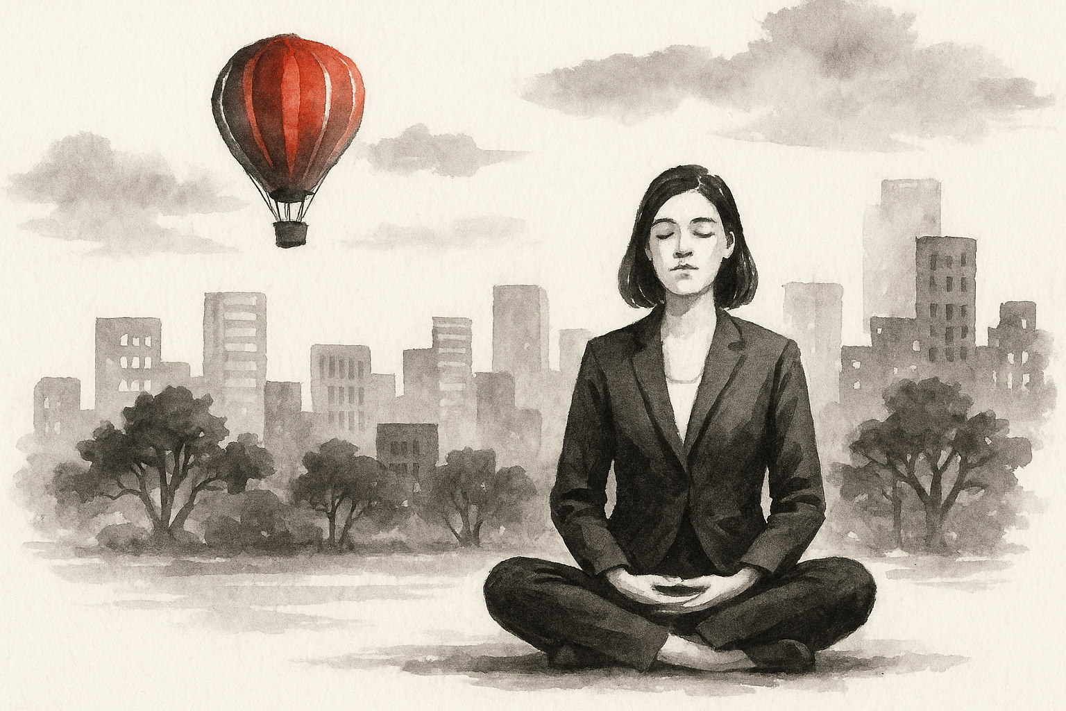Arthur Horn. A monochrome watercolor painting of a woman in a black suit sitting cross-legged with eyes closed in a meditative pose outdoors, with city buildings, trees, and a hot air balloon in the sky.