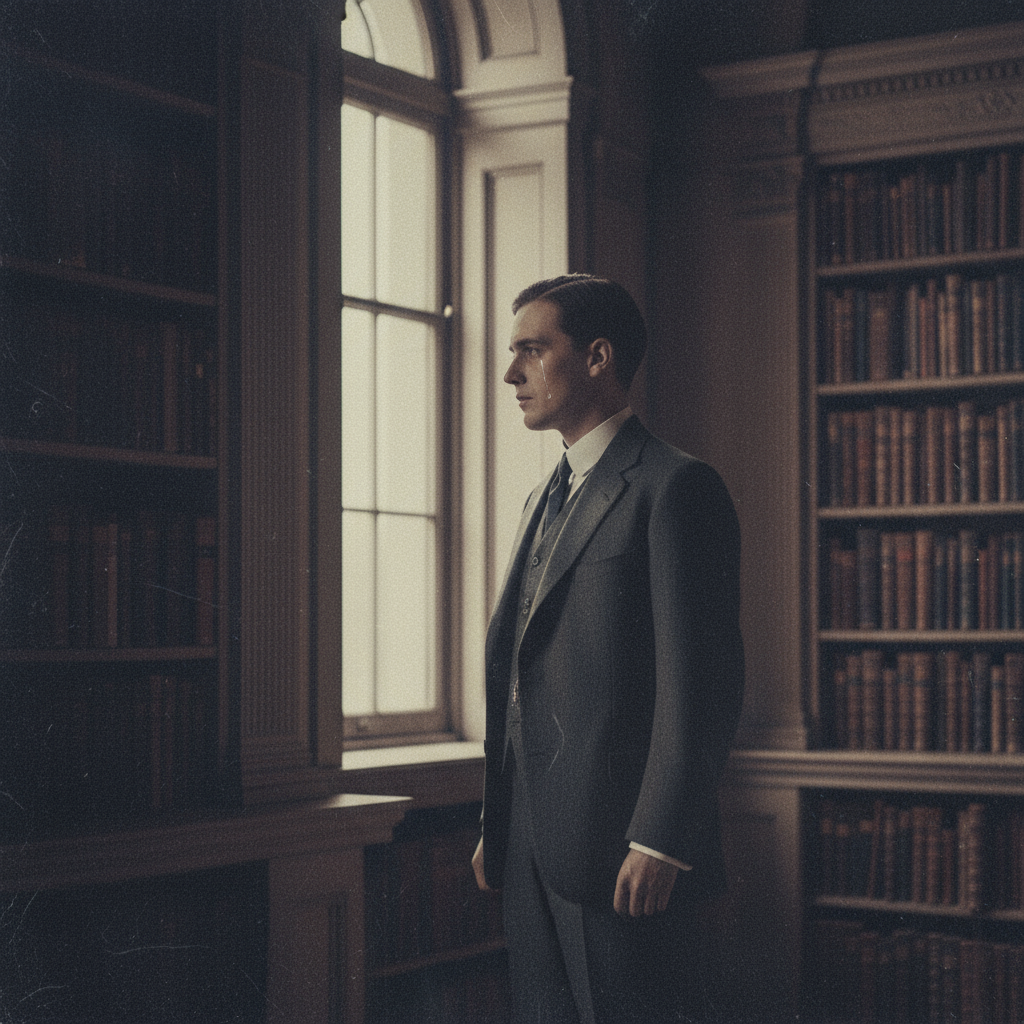 Moody photograph of a person standing alone in a dimly lit library, symbolizing reflection and balance in Art Horn’s article Elegant Leadership about finding the middle ground between toughness and compassion.