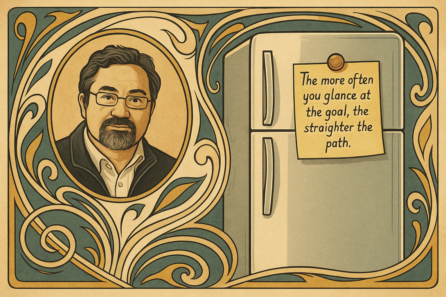 Art Nouveau–style illustration of Arthur (Art) Horn beside an ornate scroll displaying the quote "The more often you glance at the goal, the straighter the path," representing his article On the Fridge Door.
