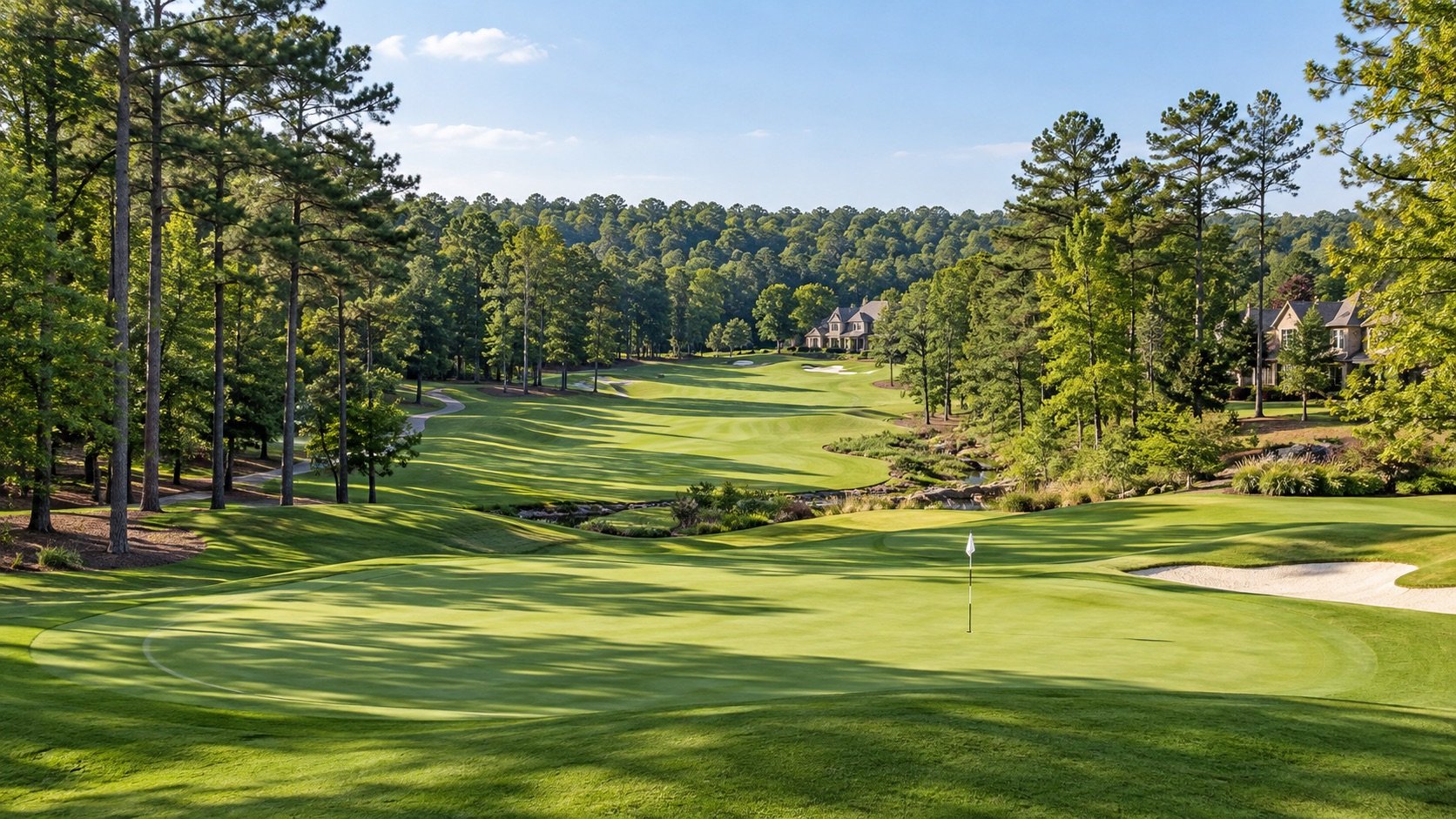Pine-lined golf fairway and green with homes along the course, Cherokee County golf communities