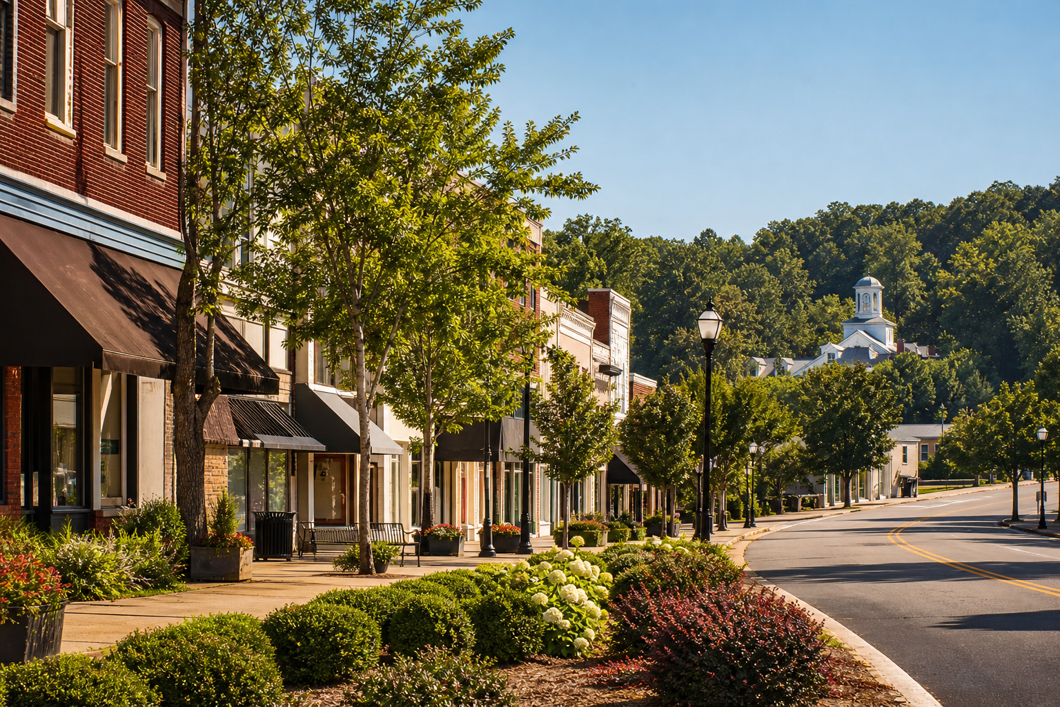 Downtown area with shops and trees