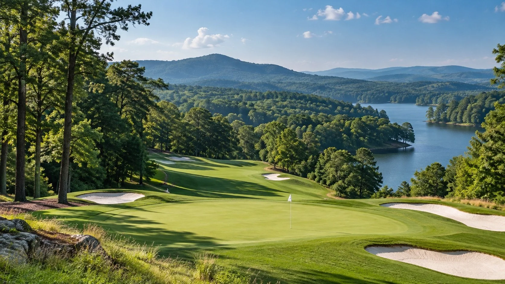 Golf course green with lake and mountain views, Dawson County golf communities