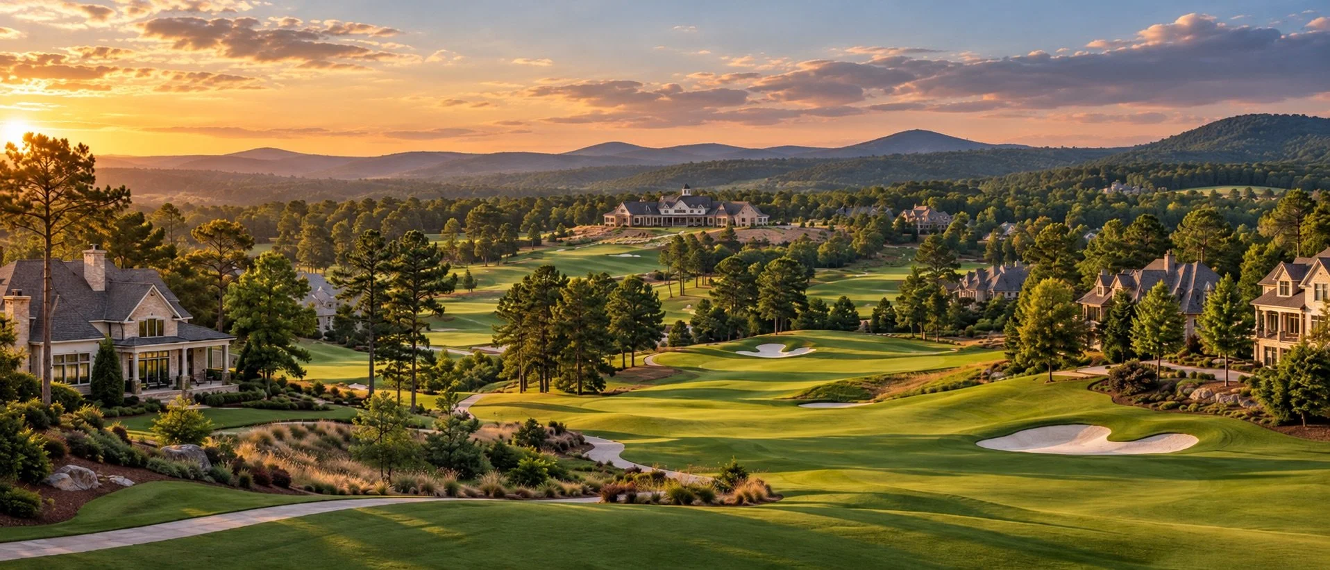 Golf course community at sunset with homes along the fairways, a clubhouse and rolling North Georgia hills, North Metro Atlanta golf communities
