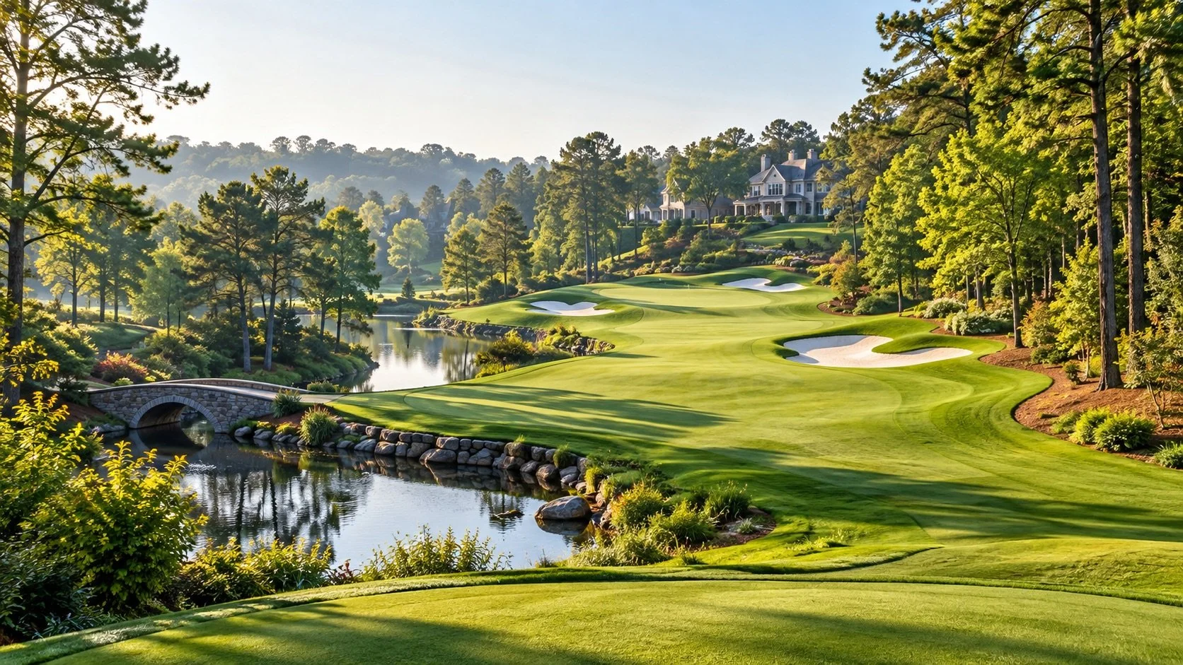 Luxury home overlooking a golf fairway and pond with a stone bridge, Fulton County golf communities