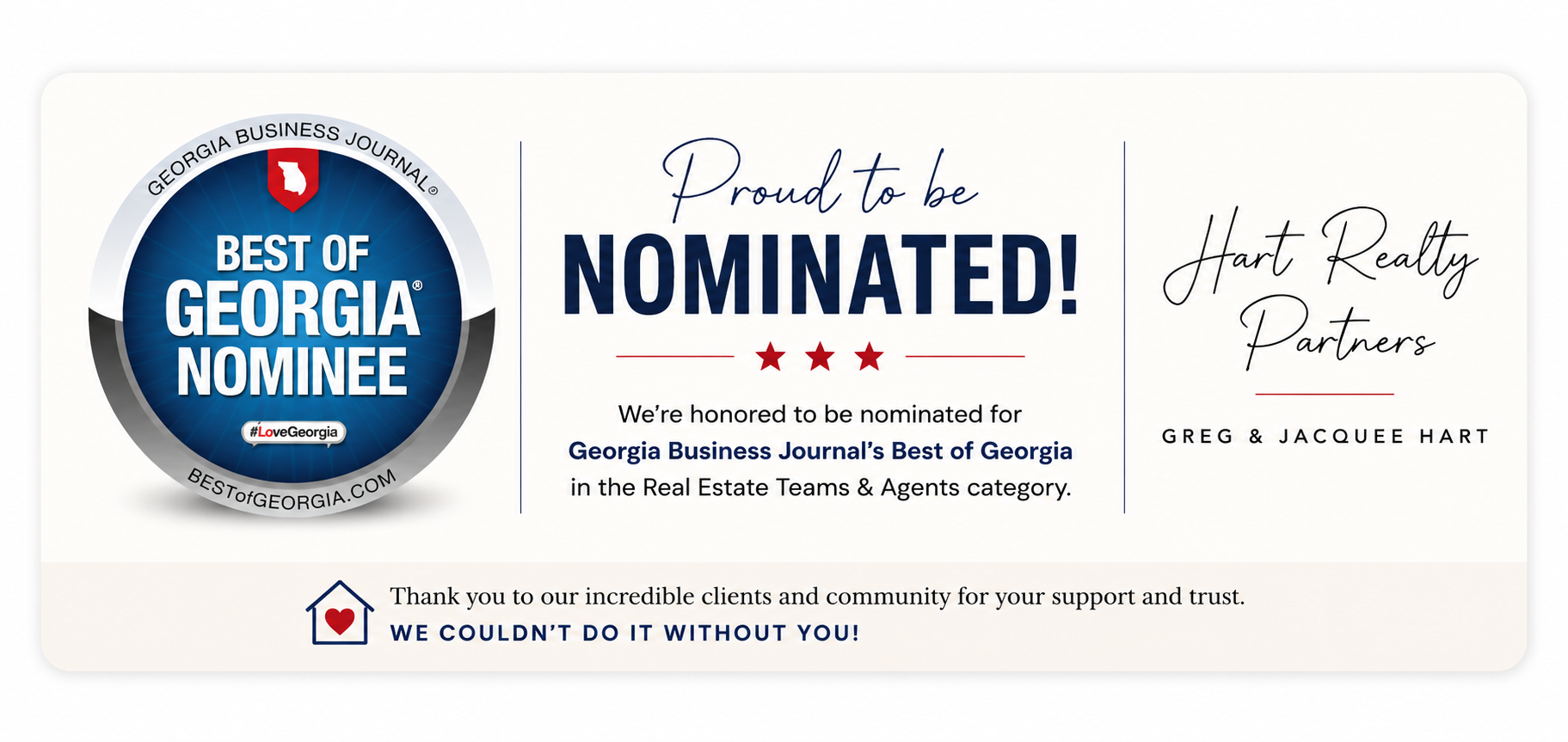 Hart Realty Partners nominated for the Georgia Business Journal Best of Georgia award in the Real Estate Teams & Agents category.