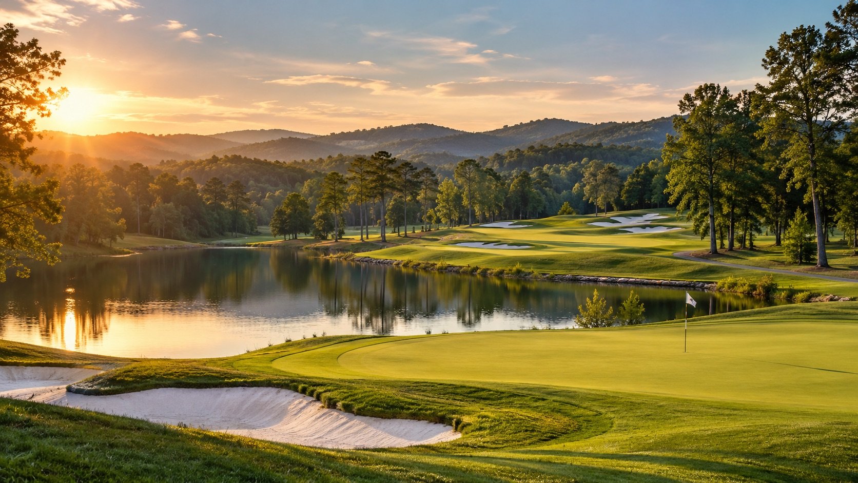 Golf green with a flag and sand bunkers beside a lake at sunset, with pine trees and rolling hills, for golf communities in Paulding County, Georgia