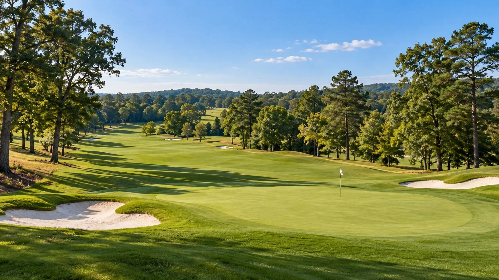 Rolling golf fairway and green framed by oak and pine trees, Bartow County golf communities
