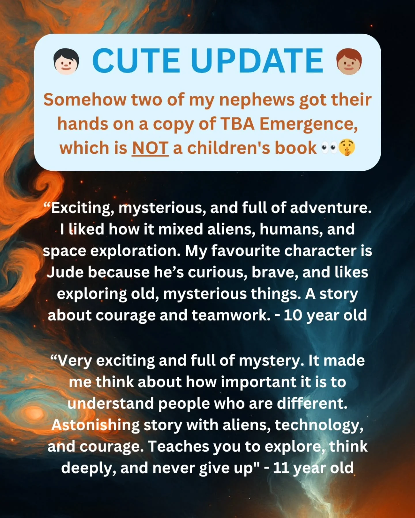 Sometimes reviews come from unexpected sources 😅

Two of my nephews somehow got their hands on a copy of The Black Accords: Emergence (which is definitely not a children&rsquo;s book)... and then decided to write their own reviews.

Not exactly my t