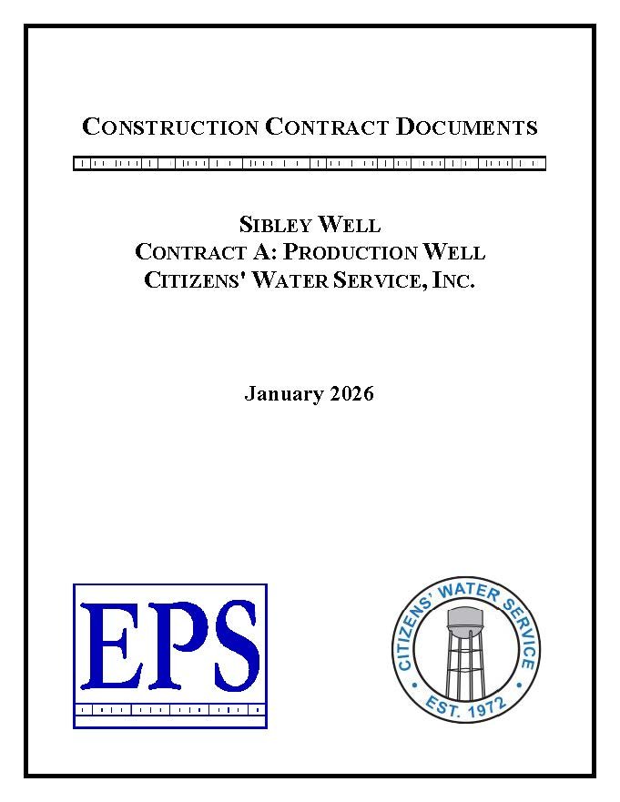 Cover page of a construction contract document titled 'Sibley Well Contract A: Production Well Citizens' Water Service, Inc., January 2026.' It features the logos of EPS and Citizens Water Service, Inc., with a water tower illustration.