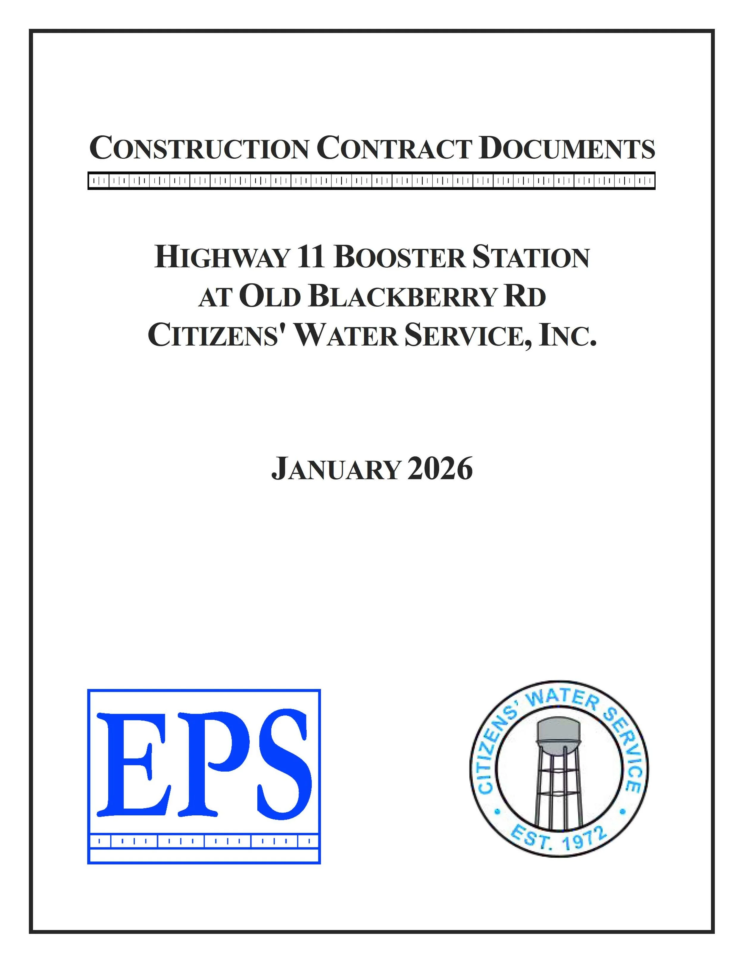 Cover page of construction contract documents for a highway 11 booster station at Old Blackberry Road, by Citizens' Water Service, Inc., dated January 2026, including EPS and Citizens' Water Service logos.