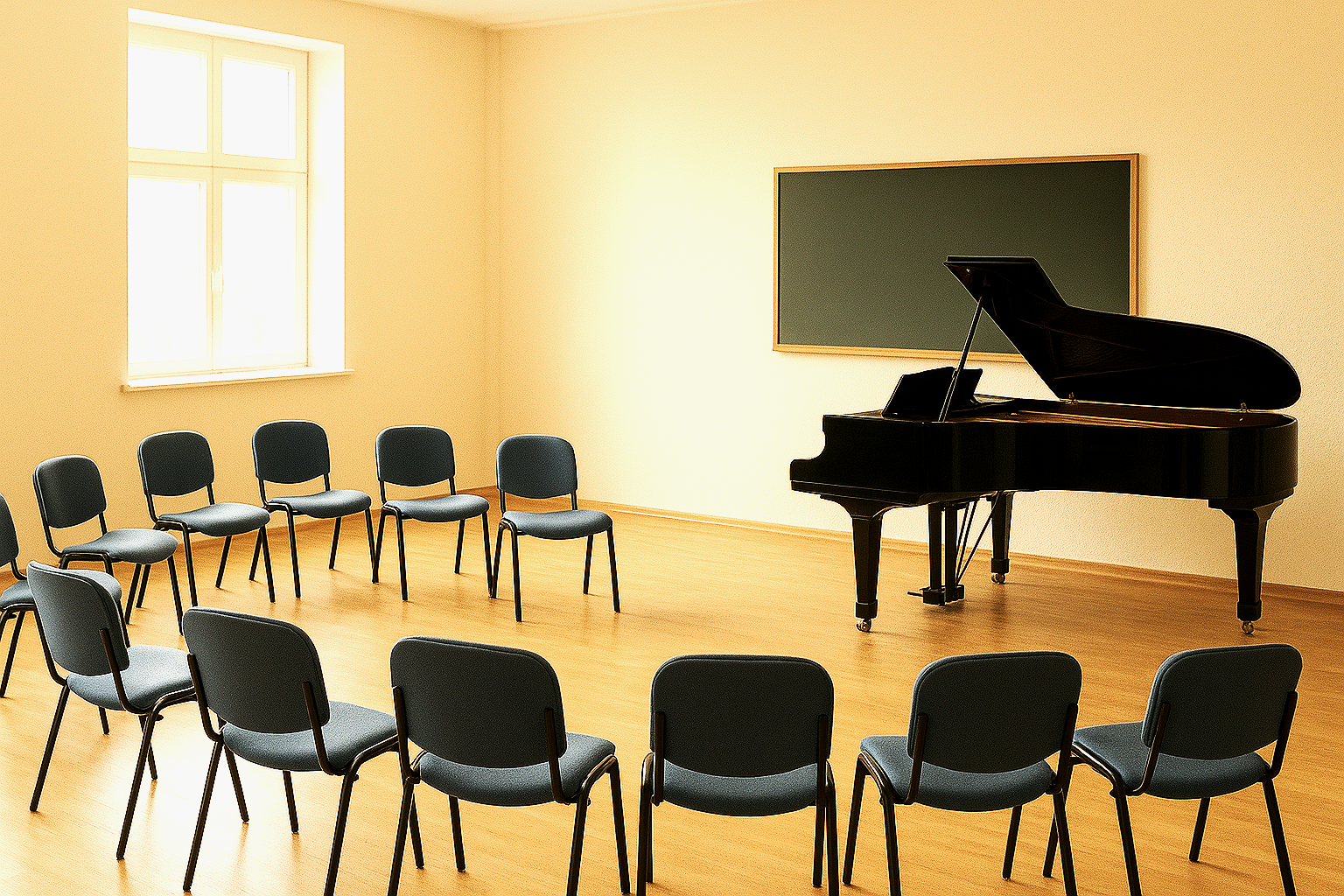 Ein Musikzimmer / Chorproberaum mit einem Flügel, Stühlen stehen in einem Halbkreis, eine Tafel hängt an der Wand.