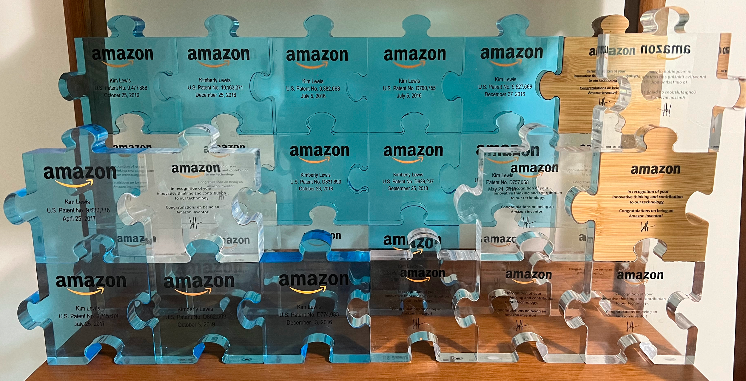 Kim's puzzle piece awards which reflect the patents she has been grated