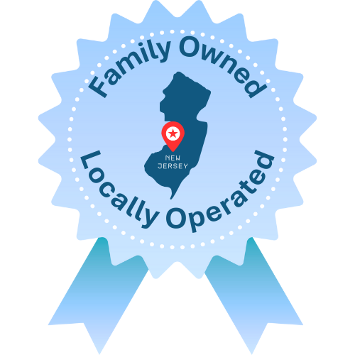Blue badge with a map of New Jersey, a red star icon, and the words "Family Owned" and "Locally Operated" encircling the map.