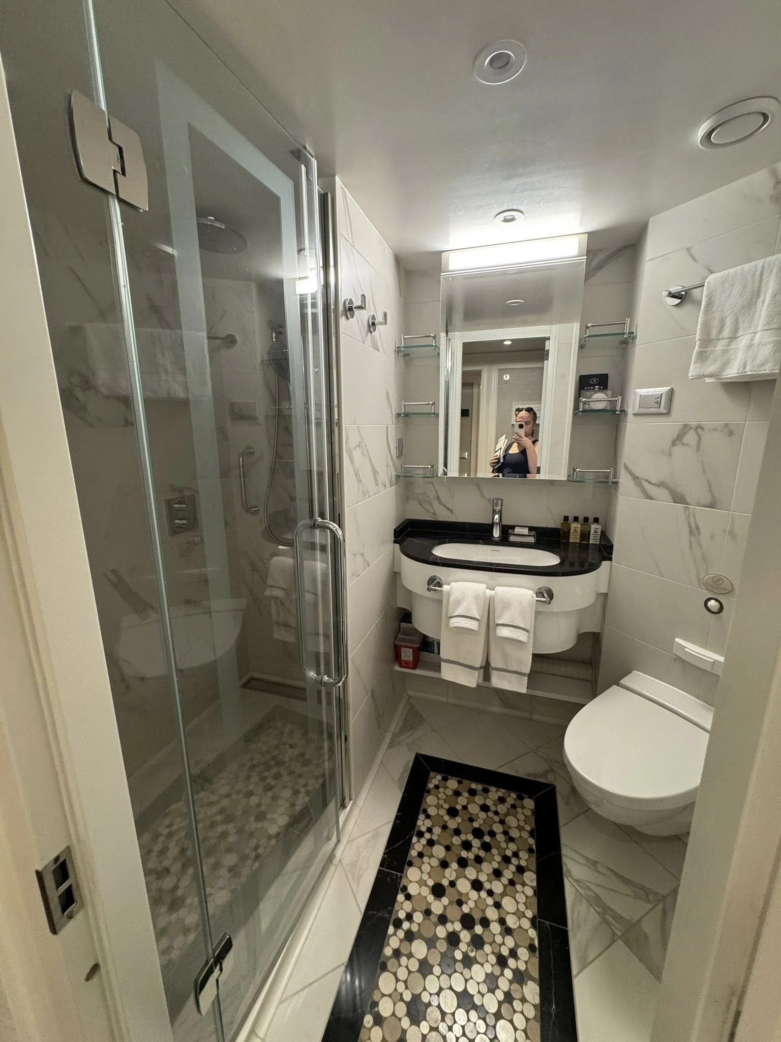 A modern, well-lit bathroom with a glass shower enclosure, marble walls, a black and white pebble tile floor, a white toilet, a vanity with a black countertop, a mirror, and various toiletries. Towels are hanging on a rack.