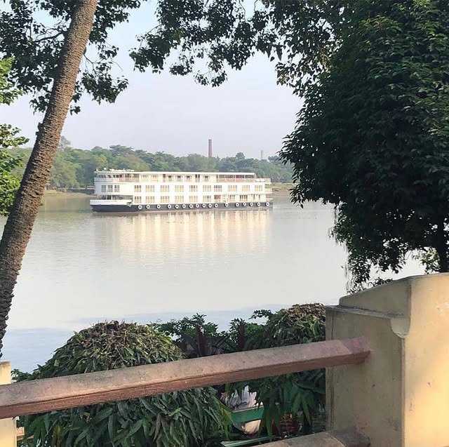A large white riverboat with multiple decks floating on a calm river, framed by trees and bushes in the foreground.