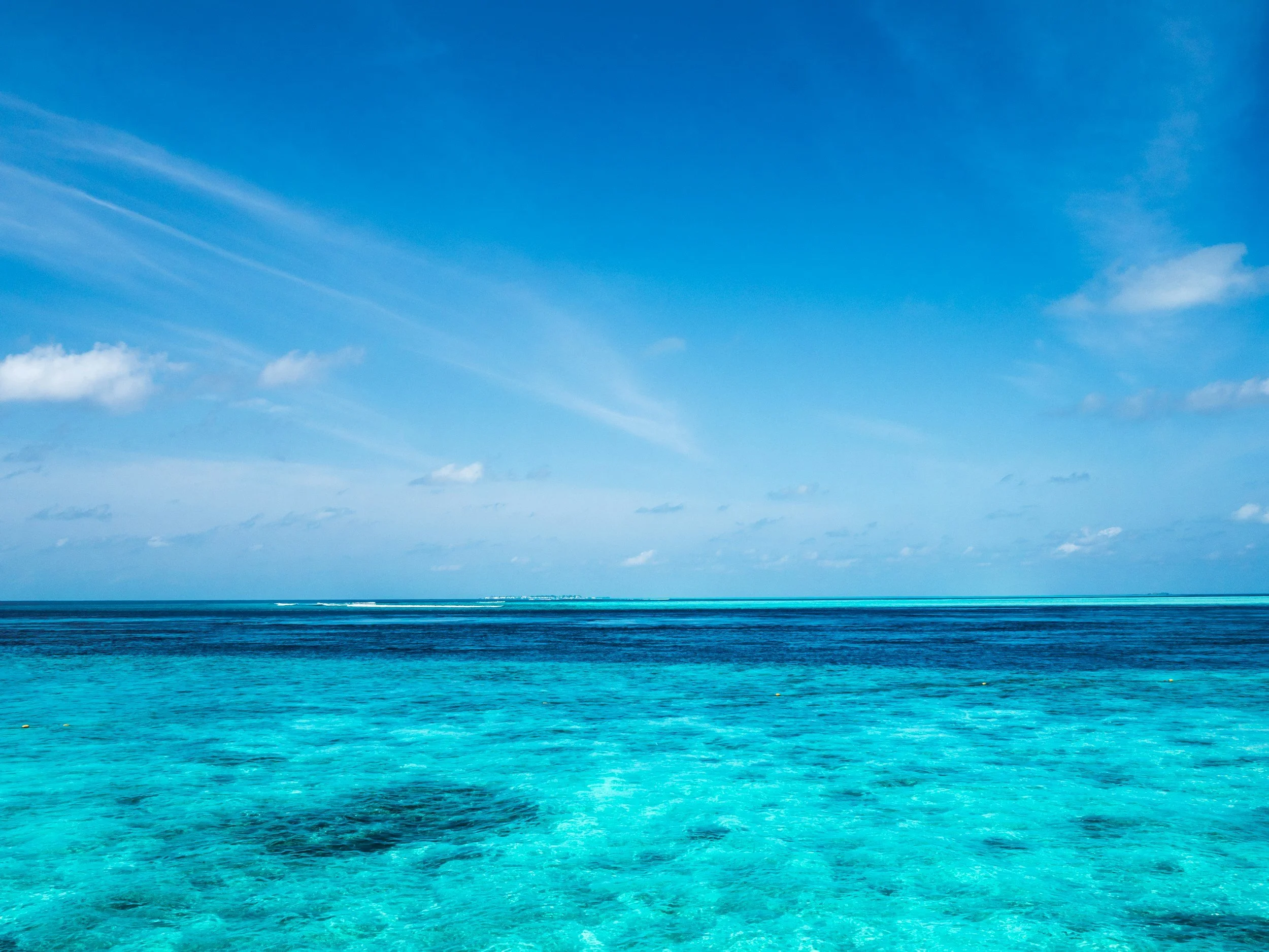 Photo of a clear blue ocean with small waves and a horizon line in the distance under a bright blue sky with a few wispy clouds.
