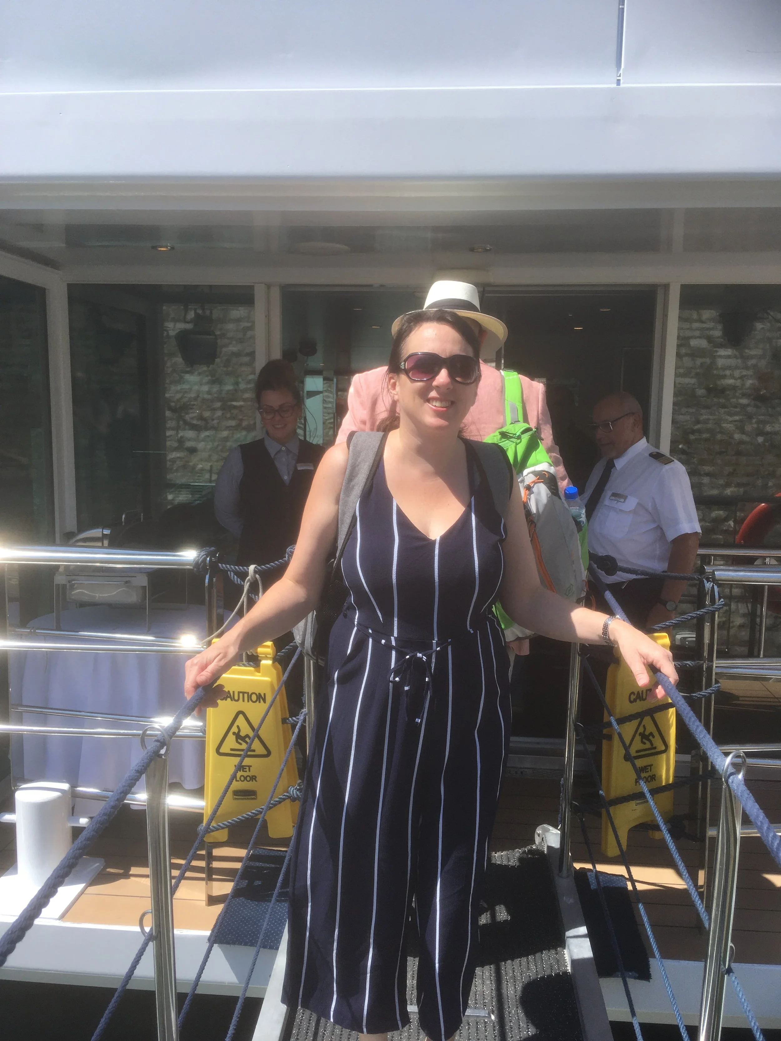 Lorraine McCowatt on the gang way of Emerald Liberte