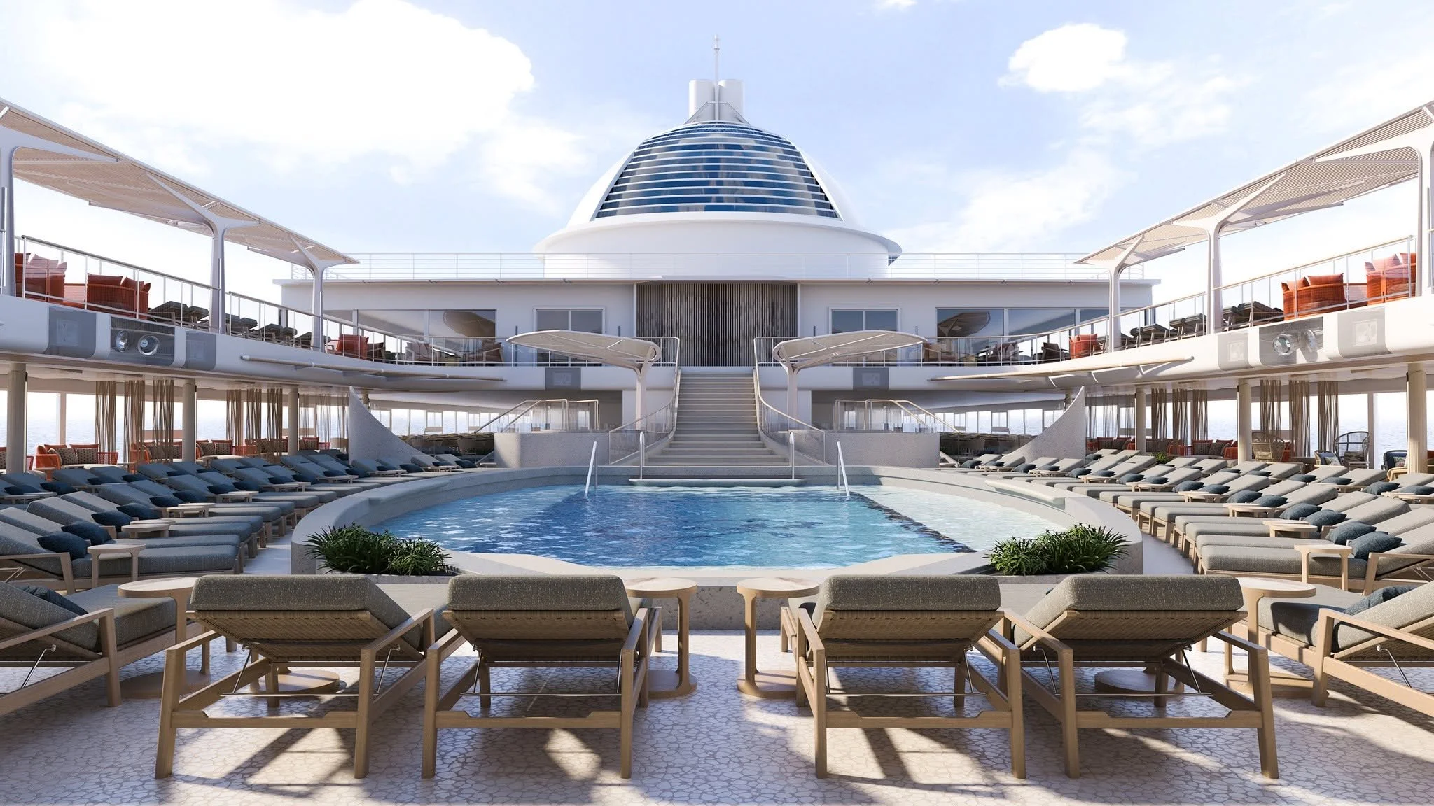 Luxury cruise ship's upper deck with a pool, lounge chairs, and seating area, under a partly cloudy sky.