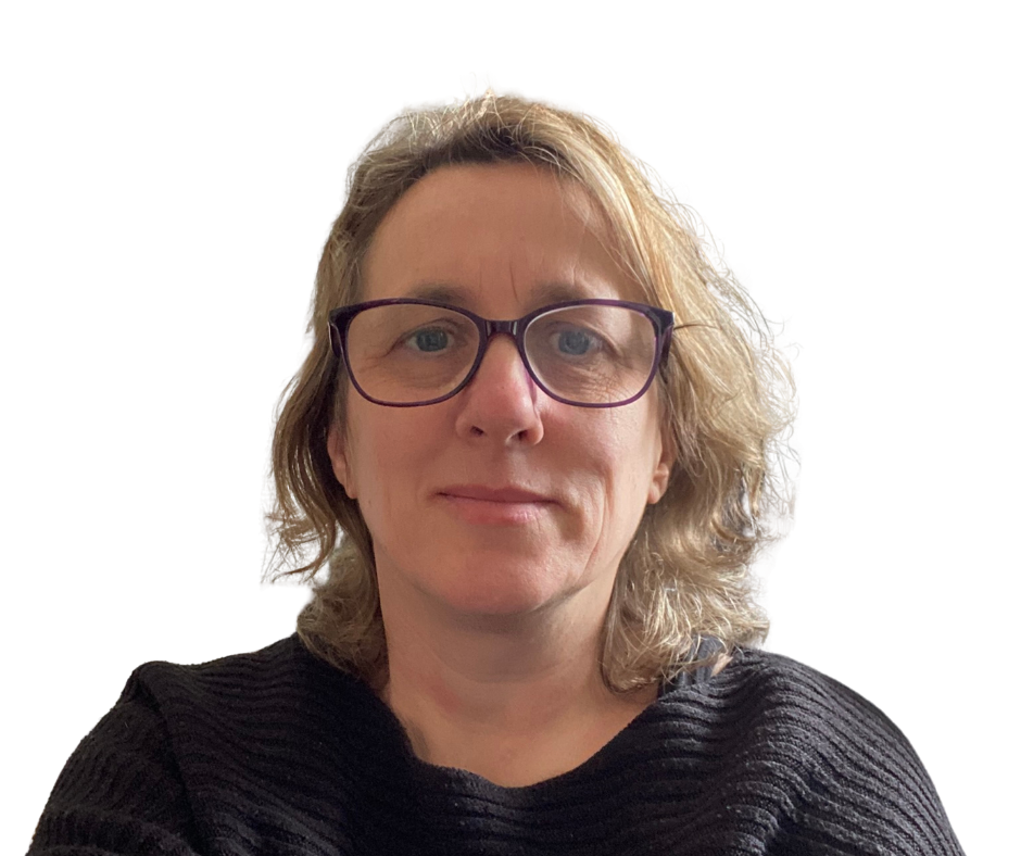 A woman with shoulder-length curly blonde hair wearing dark glasses and a black sweater, looking at the camera against a plain white background.