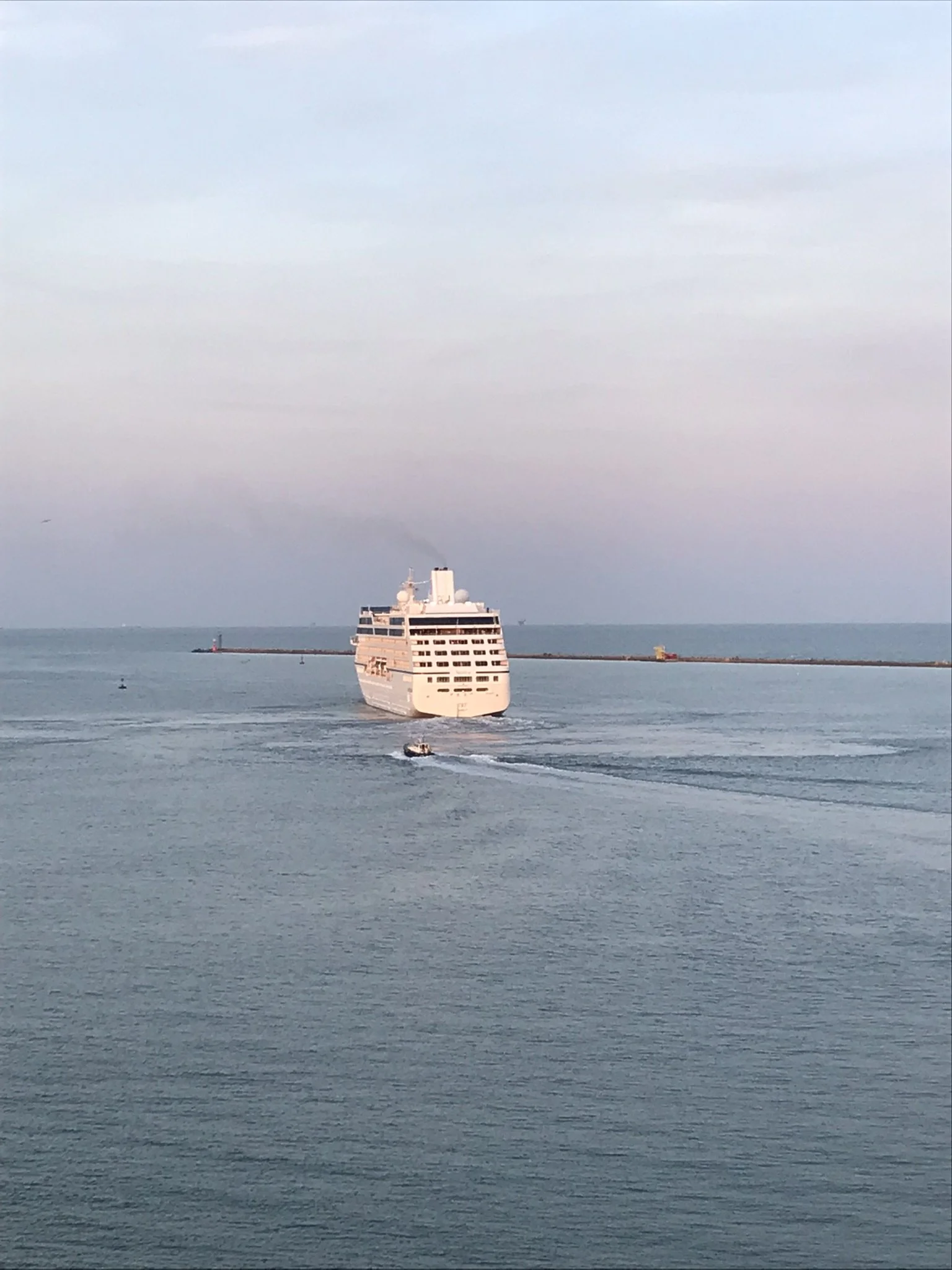 A cruise ship sailing on the ocean near a breakwater, with a small boat sailing nearby, under a pale sky.