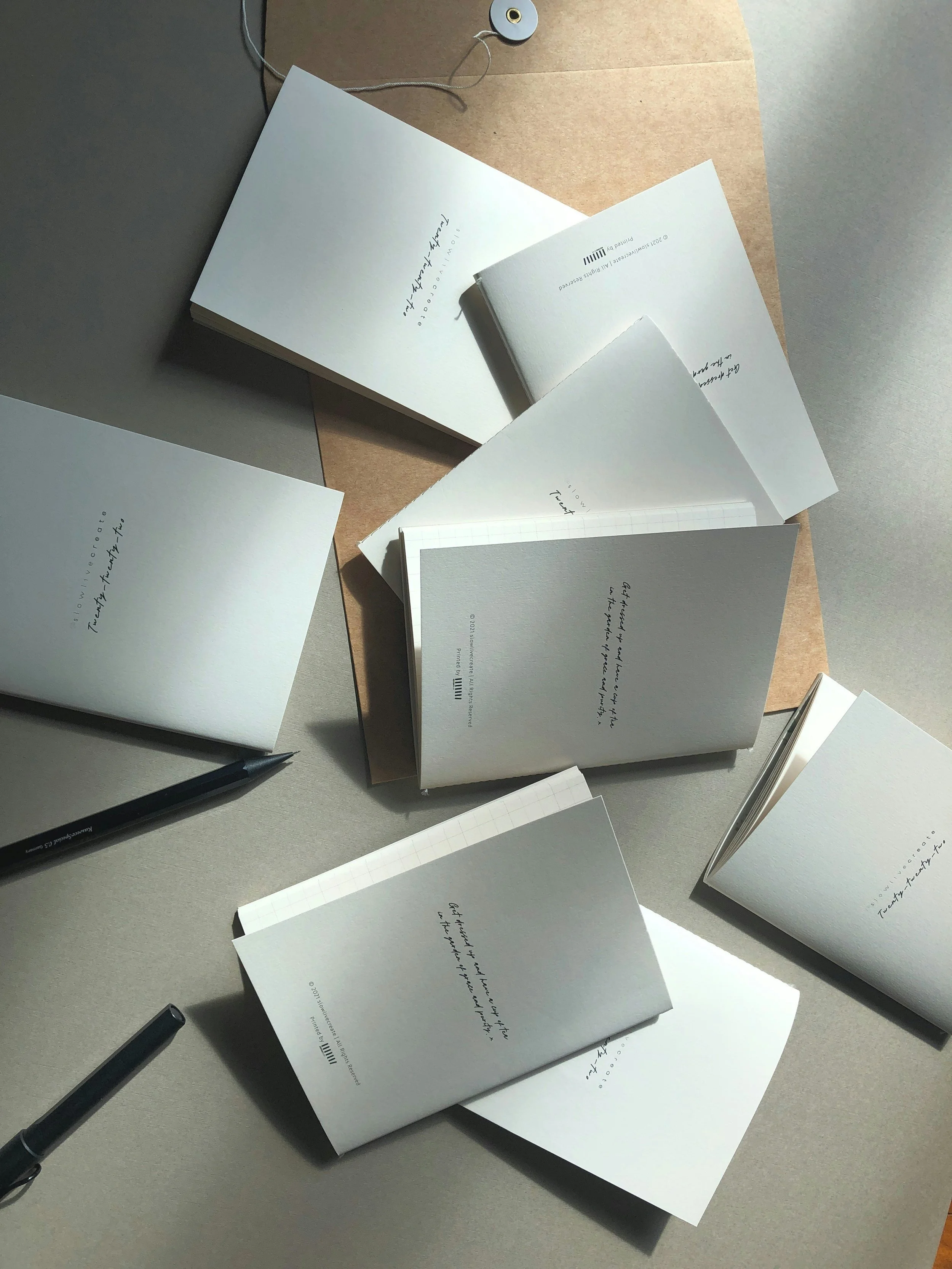 Several open notebooks with handwritten notes and a pen on a light-colored desk, sunlight casting shadows.