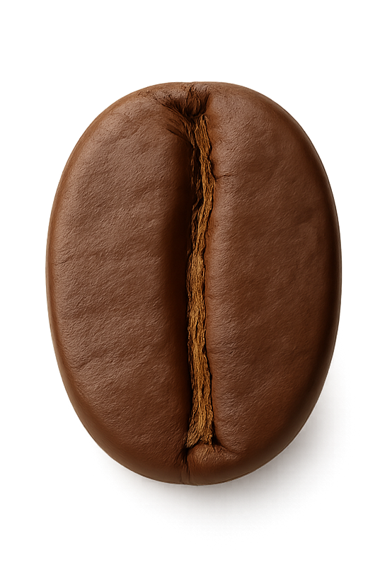 Close-up of a single roasted coffee bean on a black background.