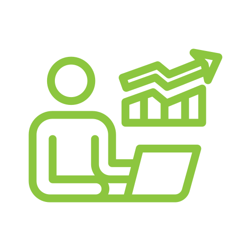 Green outline of a person working on a laptop with a rising graph and bar chart above.
