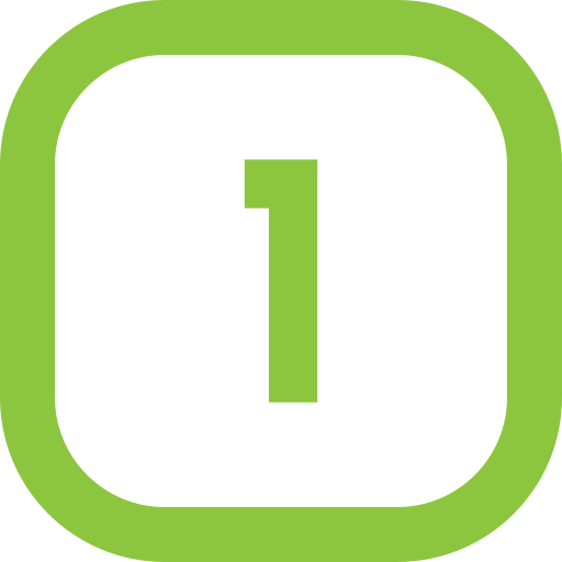 A black icon with a green border and the number '1' in the center.