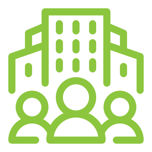 Icon of a building with three figures representing people in the foreground.