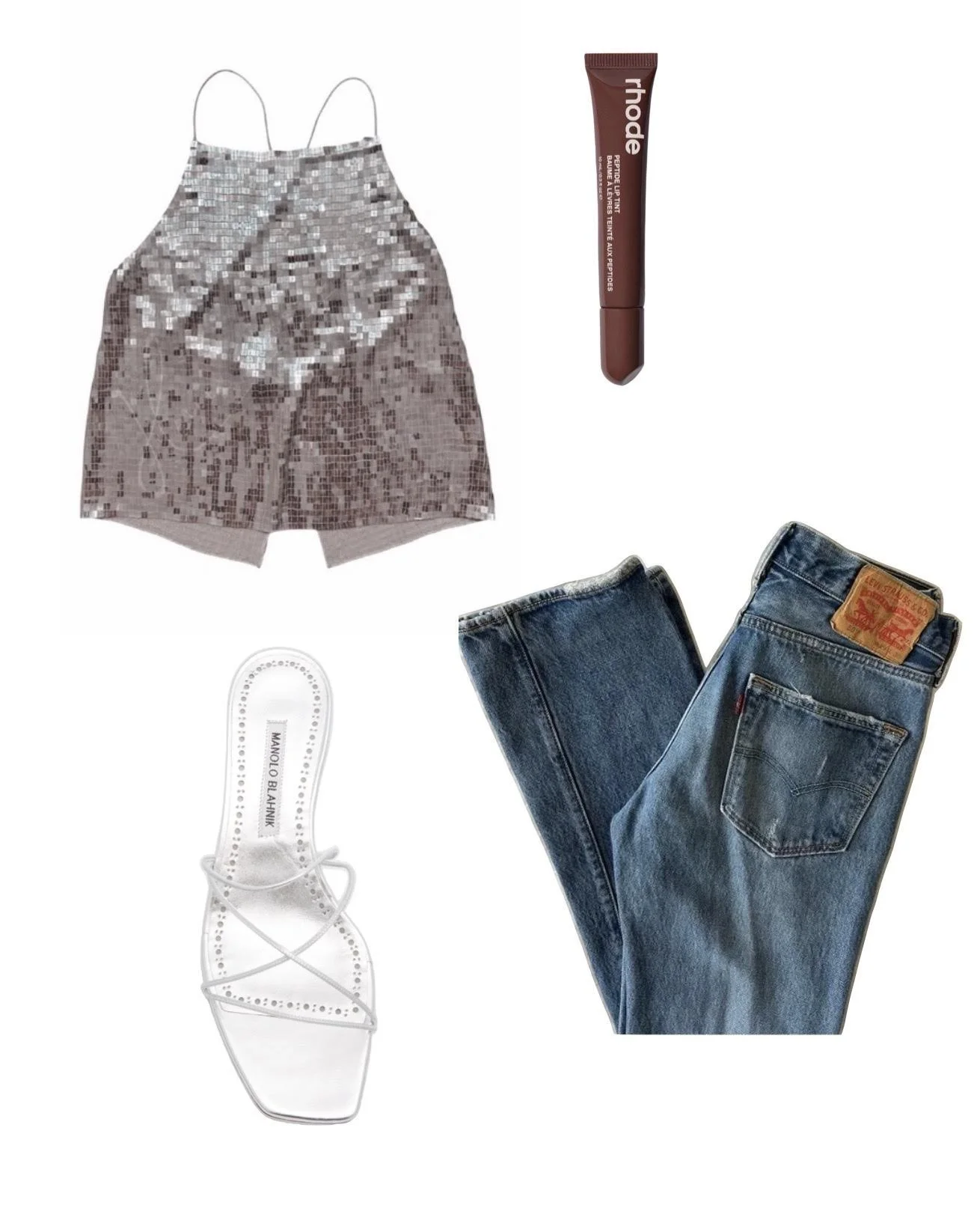 Fashion flat lay with a sequin camisole top, blue jeans, white strappy sandals, and a tube of Rhode lip balm.