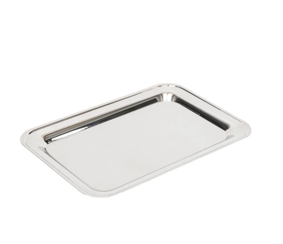 A rectangular silver serving tray with a shiny finish and slightly raised edges.