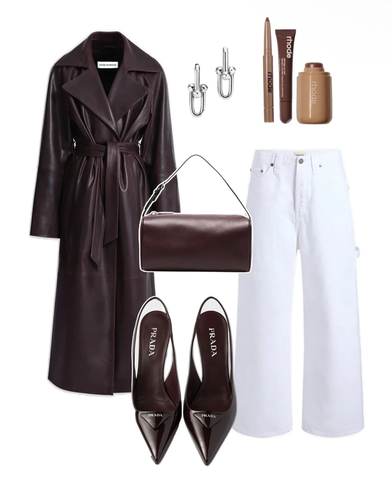 Select fashion items including a dark red leather trench coat, white wide-leg jeans, dark red Prada high heels, matching handbag, silver jewelry, and makeup essentials.