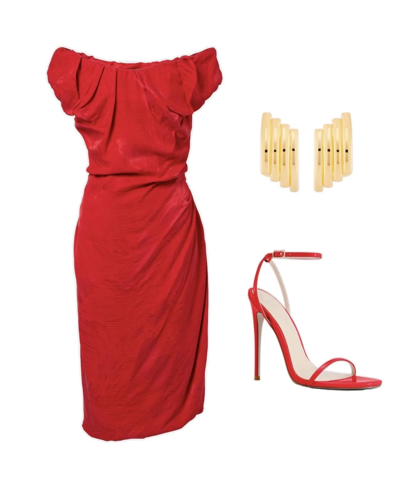 Red dress, gold earrings, red high heels.