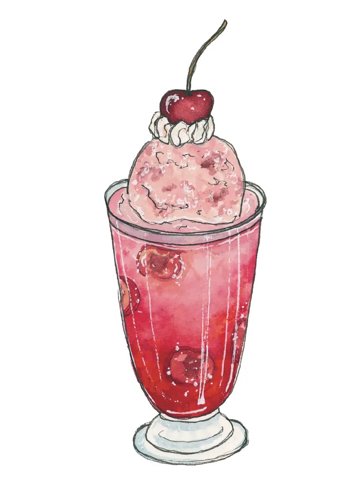 Watercolor illustration of a cherry soda with ice, whipped cream, and a cherry on top in a tall glass.