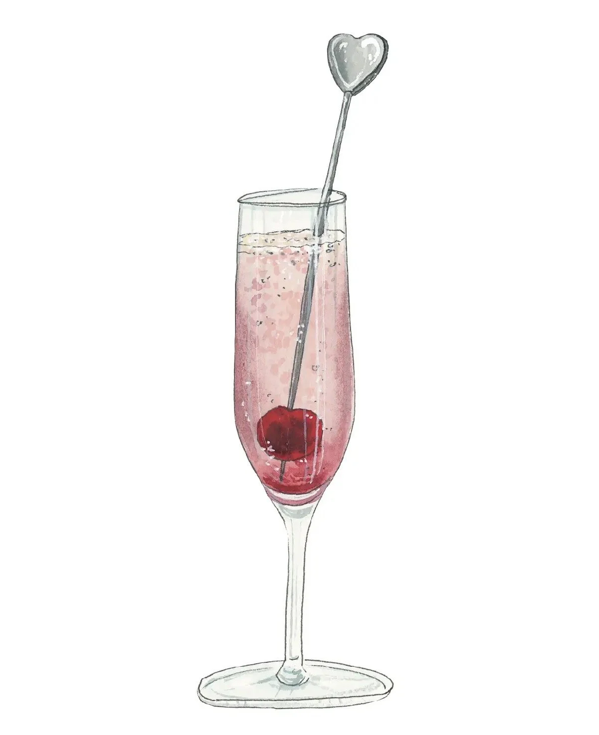 Illustration of a sparkling pink cherry cocktail in a tall champagne flute with a maraschino cherry at the bottom and a heart-shaped stir stick.