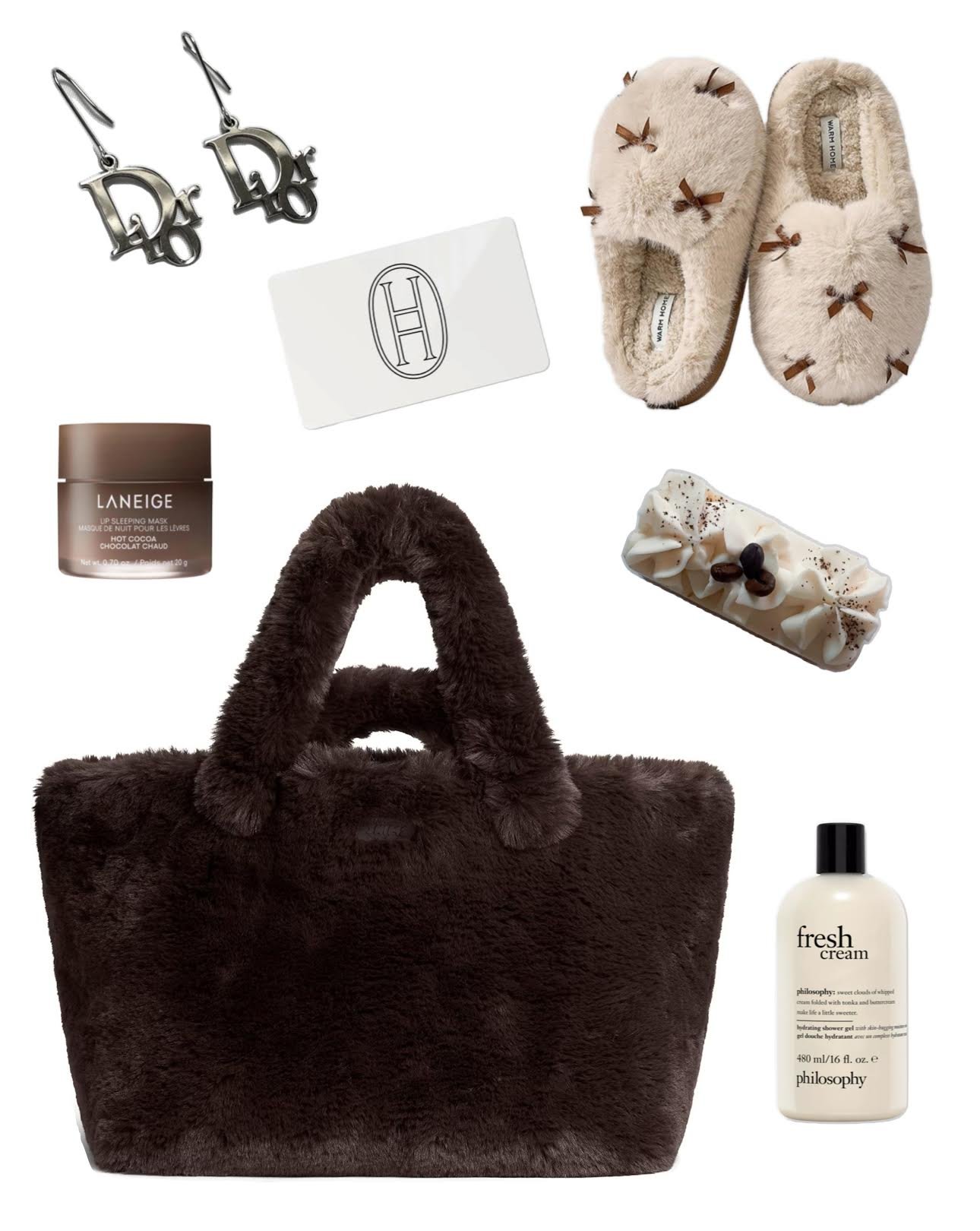 Collection of cozy and luxurious items including a brown furry handbag, a jar of Laneige lip sleeping mask, a pair of beige furry slippers with brown bows, a white monogrammed card, a beige soap bar with coffee beans, a bottle of philosophy fresh cream body lotion, and silver earrings with the letters D and D.