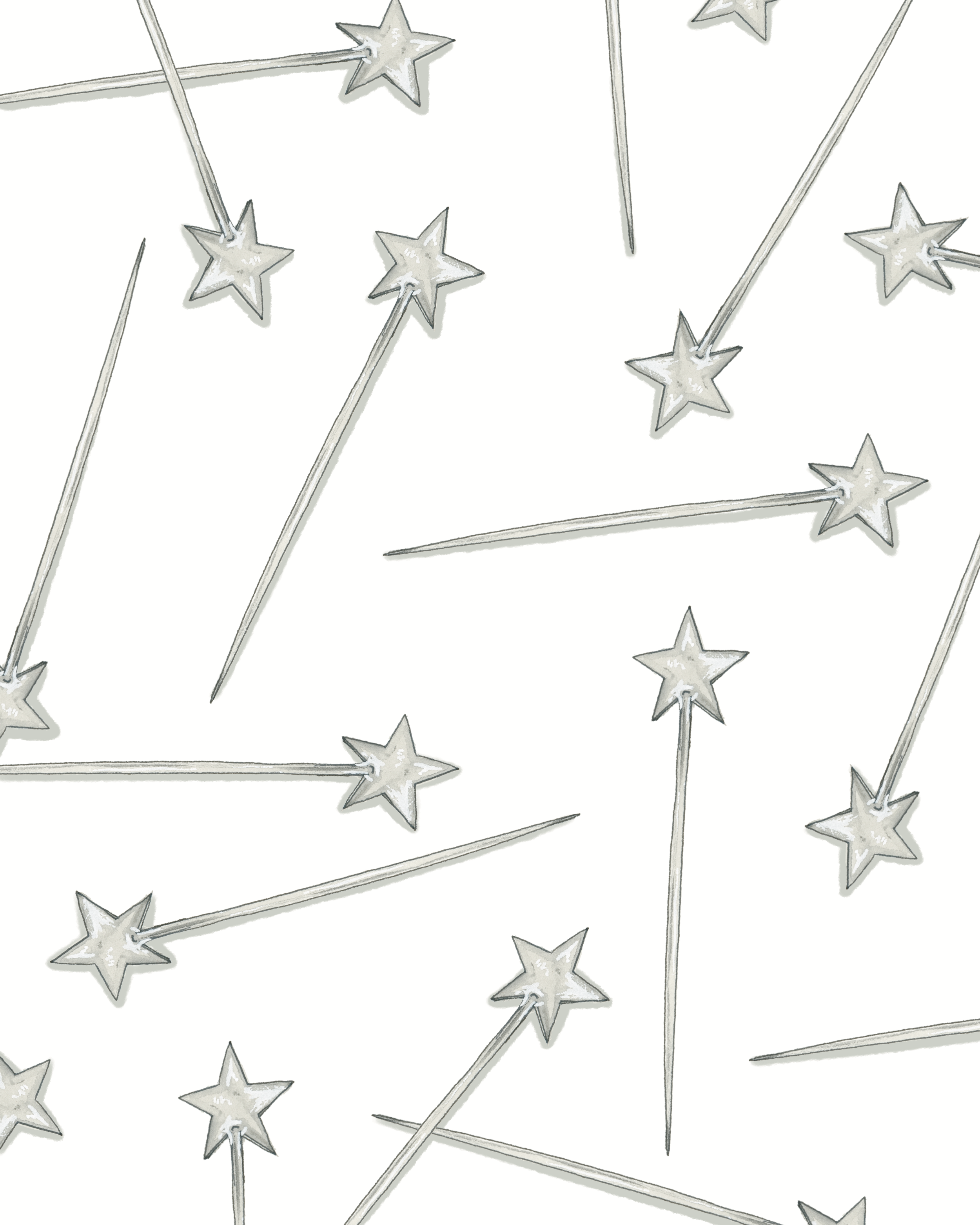 Pattern of silver star-shaped decor sticks on a white background.