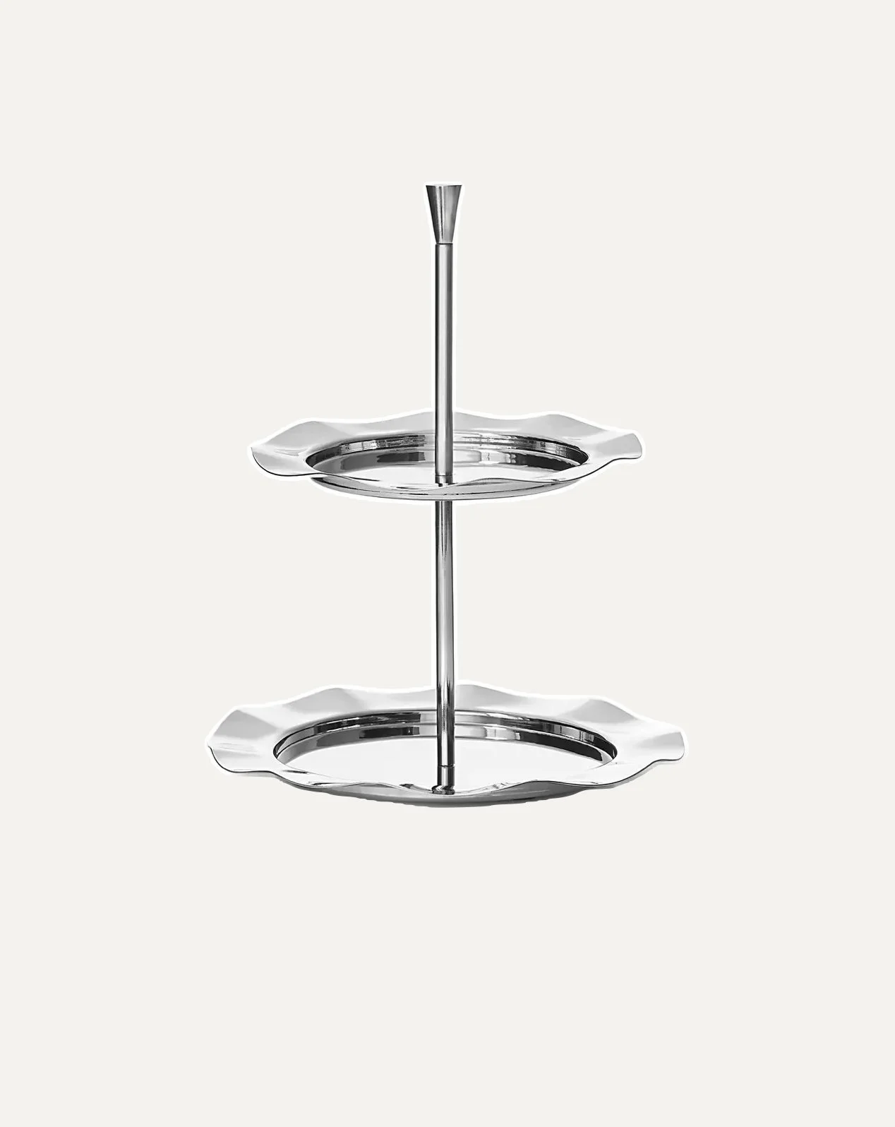 Two-tiered silver serving tray with a central pole and handles on edges.