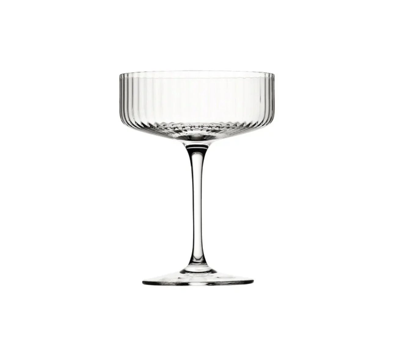A clear, elegant glass cocktail or coupe glass with a textured, ribbed bowl, a long slender stem, and a flat circular base, empty and set against a white background.