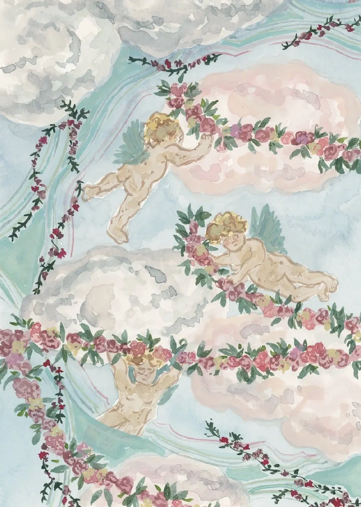 Watercolor painting of cherubs with wings, flying among clouds and floral garlands, holding pink flowers.