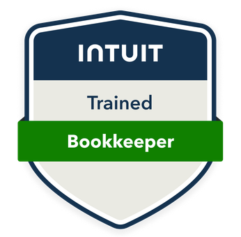 A badge with a dark blue top section labeled 'INTUIT' and a green band across the middle that says 'Bookkeeper'. The bottom section is light gray, and the badge has a shield shape.