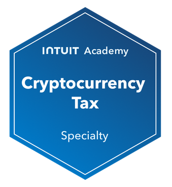 Blue hexagon-shaped badge with white text reading 'INTUIT Academy Cryptocurrency Tax Specialty.'