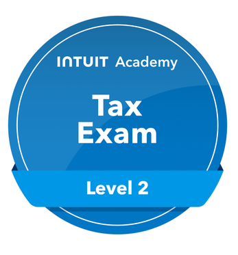 Blue badge with white text that reads 'INTUIT Academy Tax Exam Level 2'