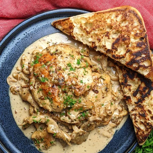 One-Pan Creamy Golden Oyster Mushroom Chicken