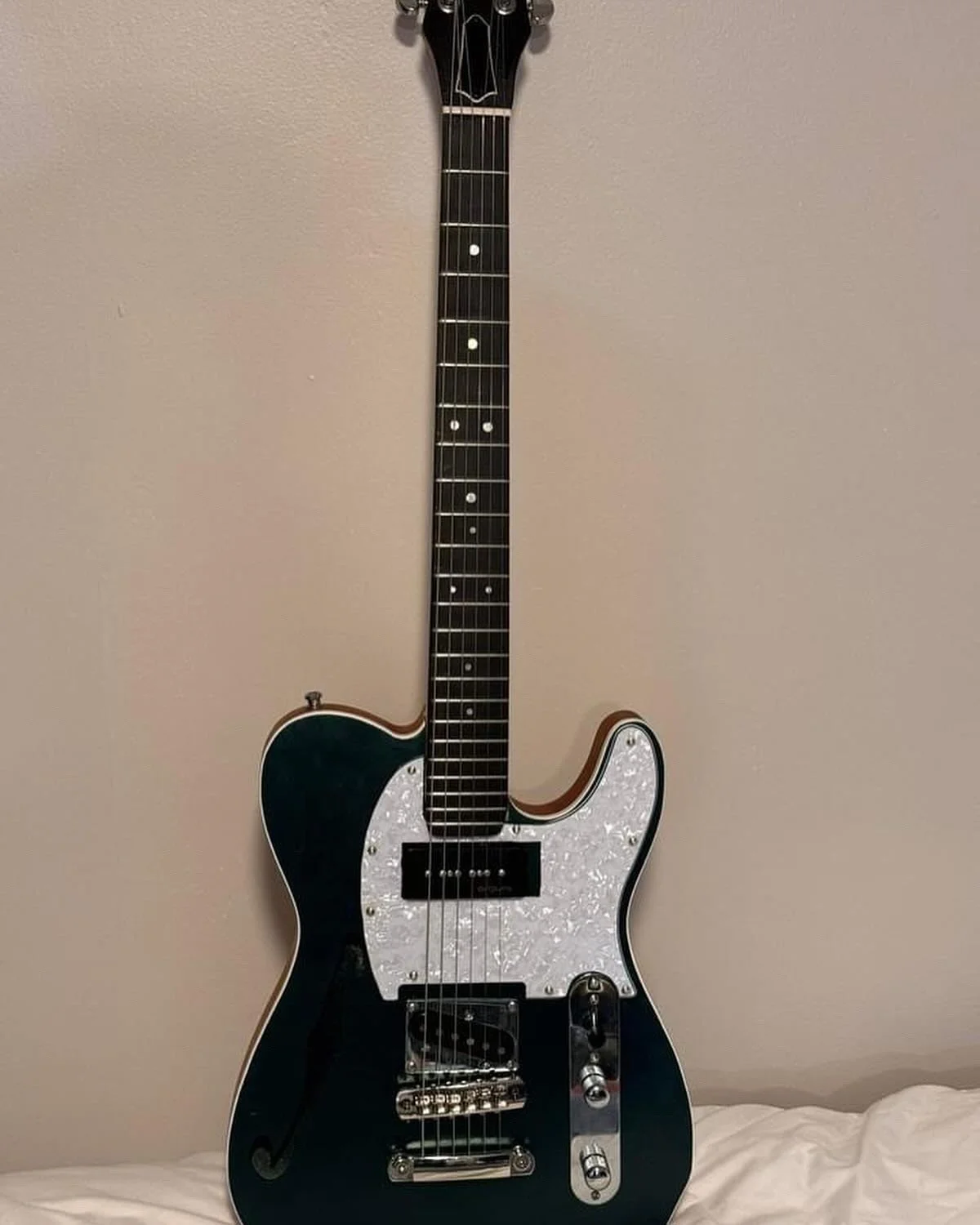 "Greeny" Super Telecaster Handmade, 
f Hole, Bolt-On Maple Neck, Tune-O-Matic Bridge & Stop Bar Pickups - Fender Single Coil Bridge & P90 Neck, Grover Tuners, White Pearl Pickguard  [$$]